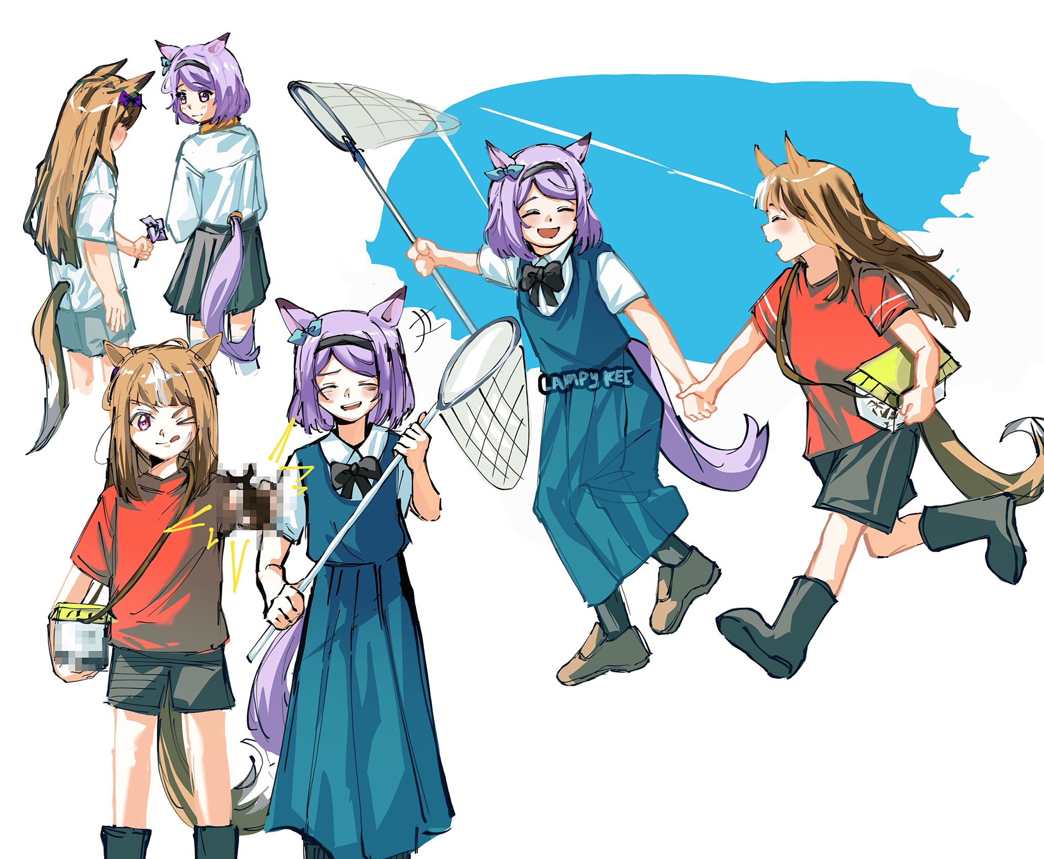 lampy uikoko, gold ship (umamusume), mejiro mcqueen (umamusume), umamusume, highres, 2girls, aged down, animal ears, beetle, black boots, black hairband, black shorts, black skirt, blue dress, blush, boots, bow, brown eyes, brown hair, bug, bug cage, bug hunting, butterfly net, censored, closed eyes, closed mouth, dress, ear bow, ear ribbon, flower, hairband, hand net, holding, holding bug, holding butterfly net, holding flower, holding hands, horse ears, horse girl, horse tail, insect, long hair, multicolored hair, multiple girls, net, one eye closed, open mouth, purple eyes, purple hair, red shirt, rhinoceros beetle, shirt, shoes, short sleeves, shorts, skirt, smile, streaked hair, tail, tongue, tongue out, white hair, white shirt
