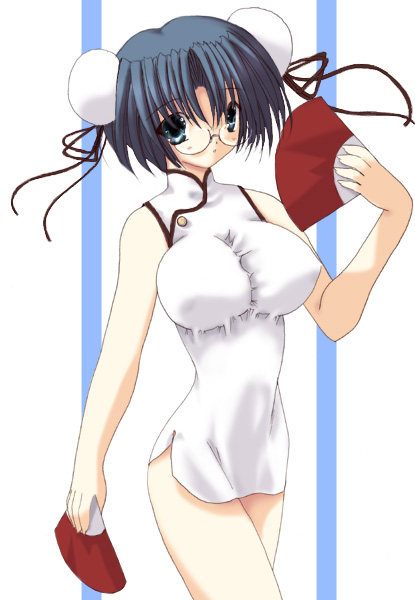 1girl, blush, breasts, china dress, chinese clothes, cleavage, dress, female focus, glasses, hand fan, solo