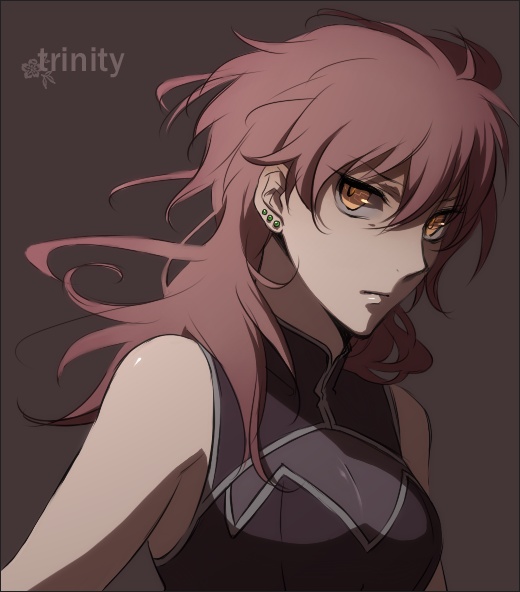 murakami yuichi, nena trinity, gundam, gundam 00, bad id, bad pixiv id, 00s, 1girl, breasts, dark, female focus, glowing, glowing eyes, orange eyes, red hair, simple background, solo