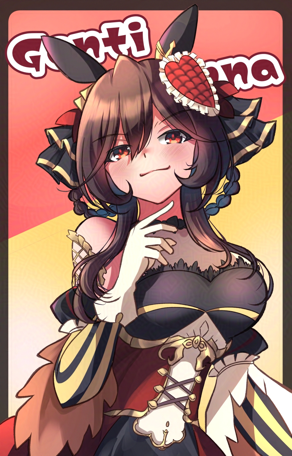 remao, gentildonna (regina dei fiori) (umamusume), gentildonna (umamusume), umamusume, highres, 1girl, animal ears, bare shoulders, blush, braid, braided hair rings, breasts, brown hair, closed mouth, corset, detached sleeves, dress, ear covers, ear ornament, gloves, hair between eyes, hair ornament, hair rings, heart-shaped ornament, heart ear ornament, horse ears, horse girl, large breasts, long hair, looking at viewer, red corset, red eyes, smile, solo, upper body, white gloves