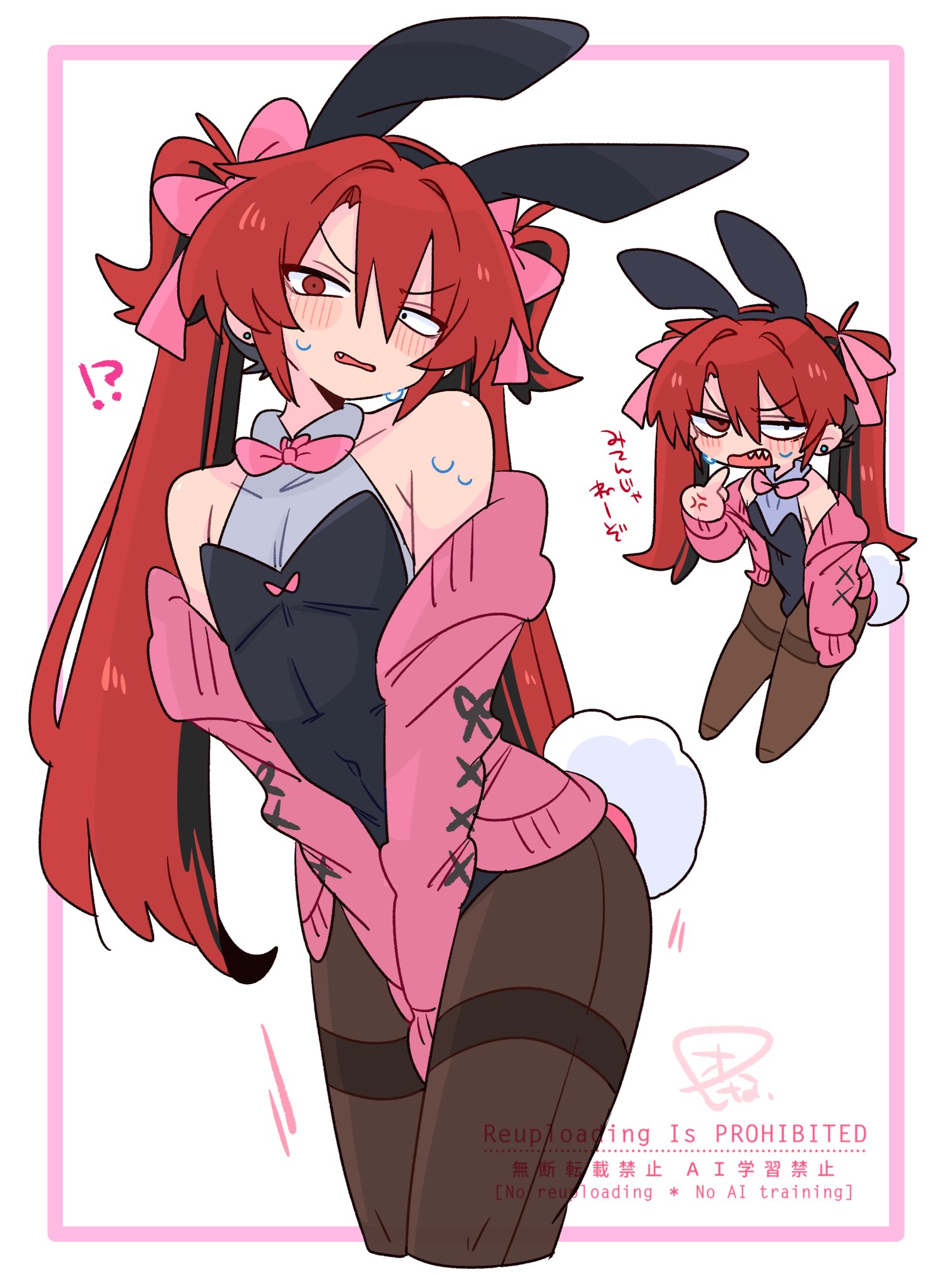 op na yarou, original, commentary, highres, !?, 1boy, anger vein, angry, animal ear hairband, animal ears, bare shoulders, black hair, black hairband, black leotard, black pantyhose, blush, bow, bowtie, bulge, cardigan, collarbone, covered navel, cowboy shot, crossdressing, crossdressing (mtf), earrings, fake animal ears, fake tail, fang, fangs, full body, hair between eyes, hair bow, hair intakes, hairband, jewelry, leotard, long hair, looking at viewer, male focus, male playboy bunny, mismatched pupils, multicolored hair, multiple views, no nose, off shoulder, open cardigan, open clothes, pantyhose, pink bow, pink bowtie, pink cardigan, playboy bunny, rabbit ear hairband, rabbit ears, rabbit tail, red eyes, red hair, sidelocks, simple background, sweat, tail, twintails, two-tone hair, v-shaped eyebrows, watermark, wavy mouth, white background