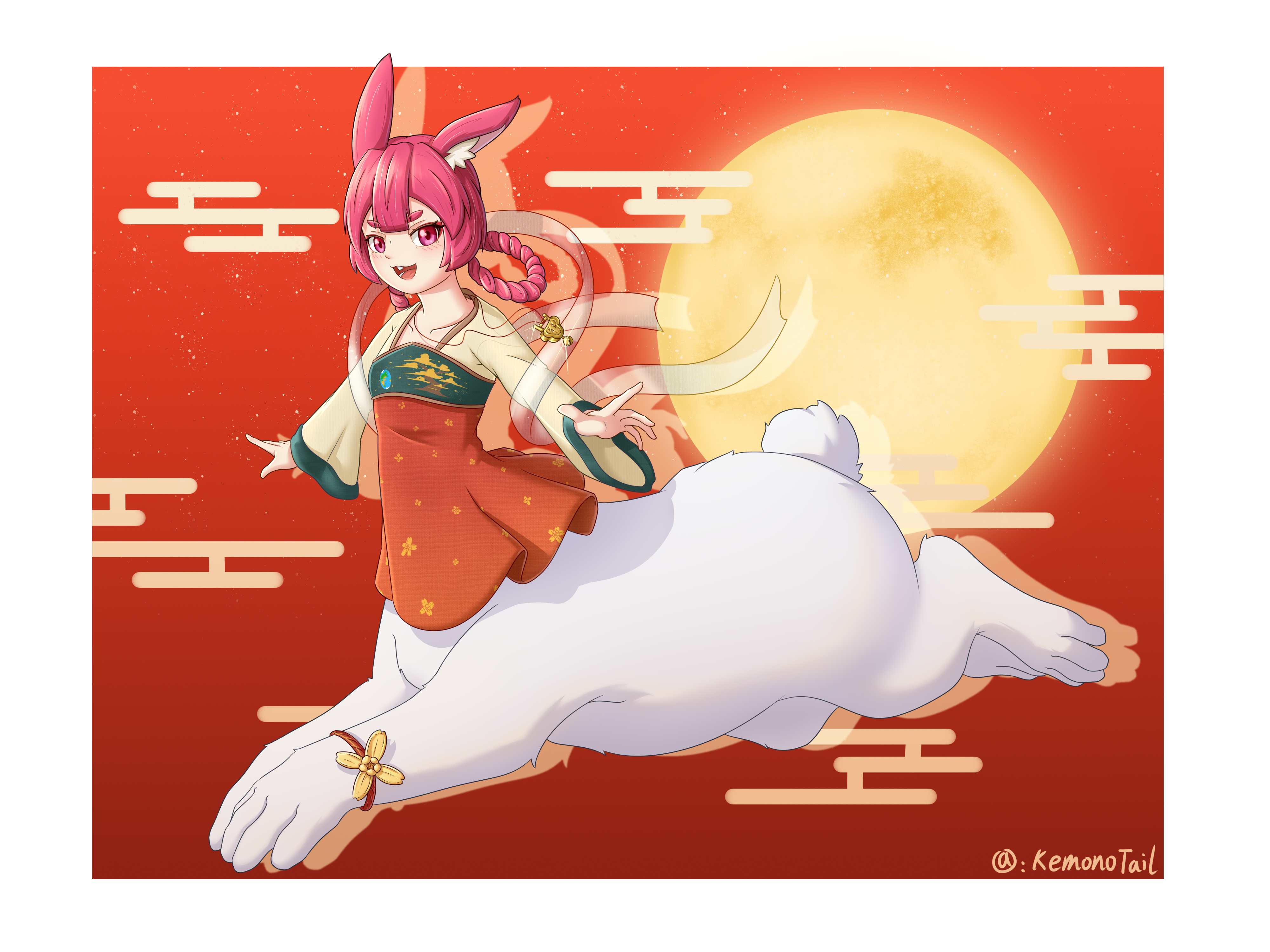 chouhen huanhua cheng haiyang, original, absurdres, chinese commentary, commentary request, highres, 1girl, :d, animal ear fluff, animal ears, blunt bangs, blush, braid, braided hair rings, buck teeth, centauroid, chinese clothes, collarbone, dress, flat chest, full body, full moon, hagoromo, hair between eyes, hair rings, hanfu, hezi, long hair, long sleeves, looking at viewer, mid-autumn festival, monster girl, moon, multiple legs, open mouth, pink eyes, pink hair, qixiong ruqun, rabbit ears, rabbit girl, rabbit tail, red background, red dress, see-through clothes, see-through sleeves, shawl, sidelocks, smile, solo, tail, taur, teeth, thick eyebrows