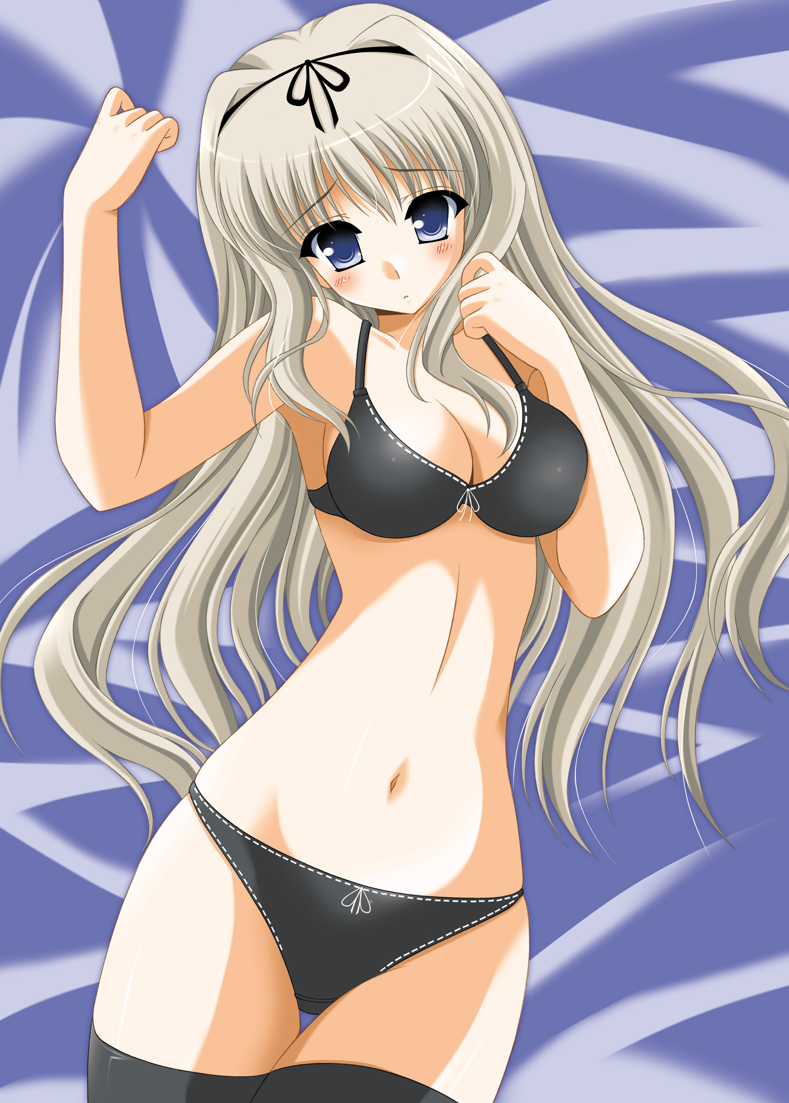oda ken'ichi, kusugawa sasara, to heart (series), to heart 2, absurdres, highres, 00s, 1girl, black panties, blonde hair, blue eyes, bra, female focus, lingerie, long hair, lying, panties, solo, thighhighs, underwear, underwear only