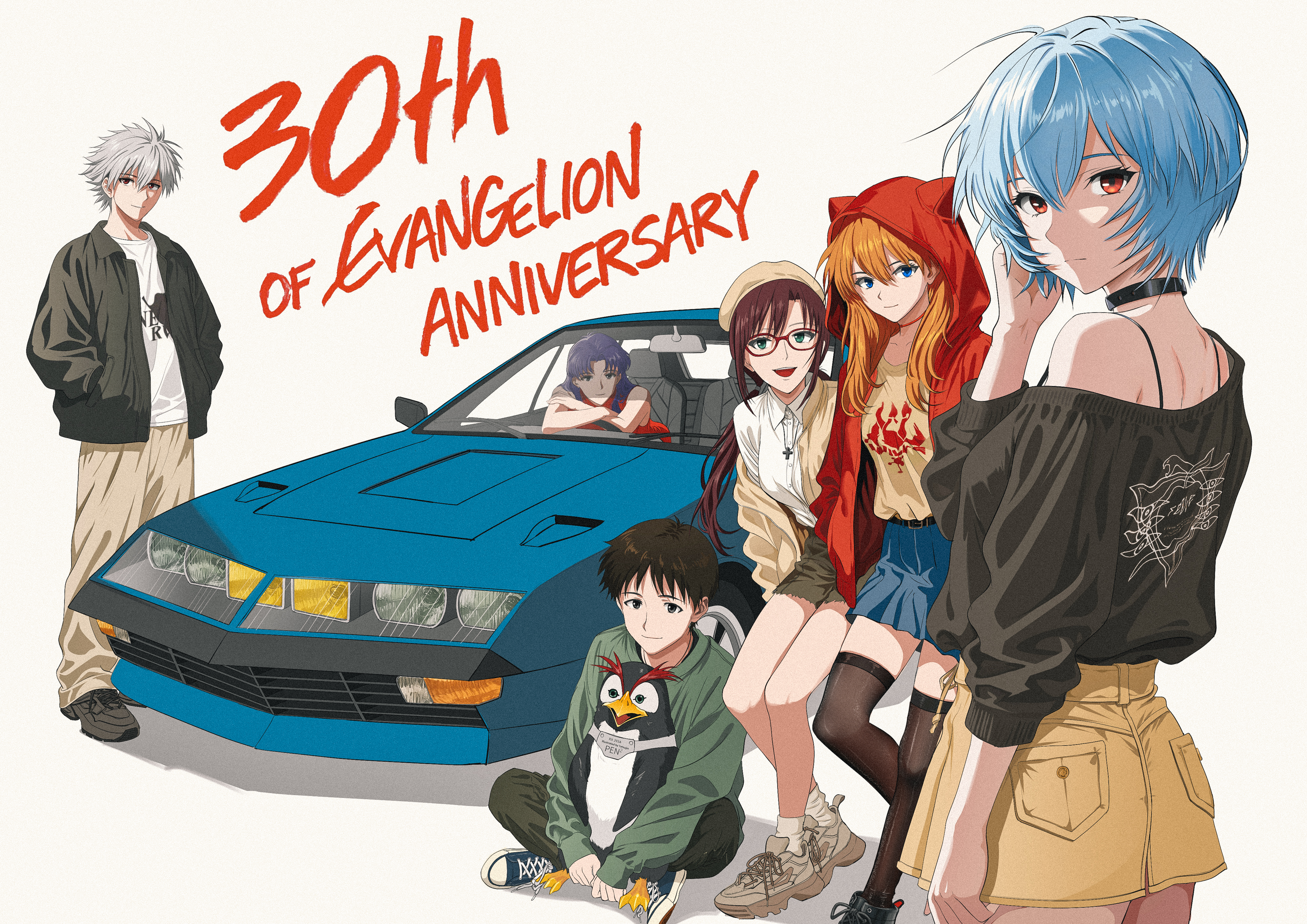 ayanami rei, ikari shinji, katsuragi misato, makinami mari illustrious, nagisa kaworu, penpen, souryuu asuka langley, neon genesis evangelion, renault, absurdres, highres, 2boys, 4girls, alpine (carmaker), alpine a310, anniversary, black choker, black eyes, black hair, black thighhighs, blue car, blue eyes, blue hair, brown hair, car, casual, choker, english text, green eyes, hood, hoodie, jacket, long hair, looking at viewer, motor vehicle, multiple boys, multiple girls, orange hair, purple hair, red eyes, red hoodie, skirt, smile, tetsujin (mxcp8272), thighhighs, white hair