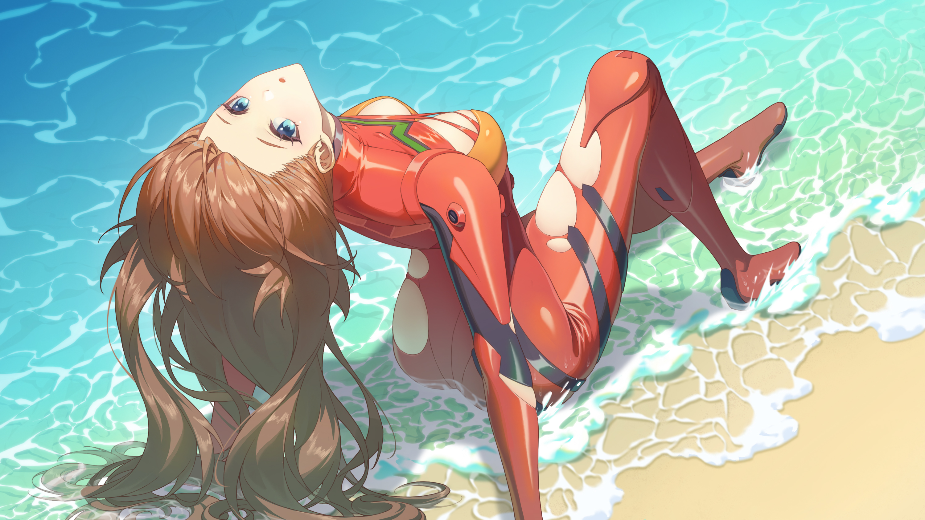 stupid goose man, souryuu asuka langley, neon genesis evangelion, highres, 1girl, arched back, arm support, beach, blue eyes, bodysuit, breasts, brown hair, from above, head back, interface headset (evangelion), large breasts, long hair, looking at viewer, looking up, mecha pilot suit, open mouth, plugsuit (evangelion), red bodysuit, sitting, solo, torn bodysuit, torn clothes, water