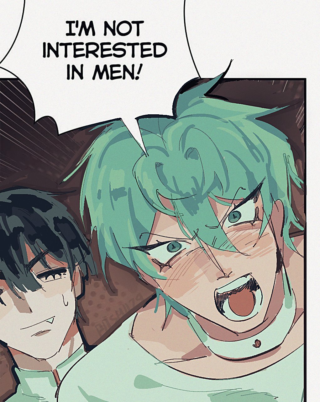 ivan (alien stage), till (alien stage), alien stage, omniscient reader's viewpoint, commentary, derivative work, hashtag-only commentary, highres, 2boys, black hair, choker, closed eyes, comic panel redraw, english text, fang, fang out, green eyes, grey hair, male focus, multiple boys, poshii29, shirt, shouting, white choker, white shirt