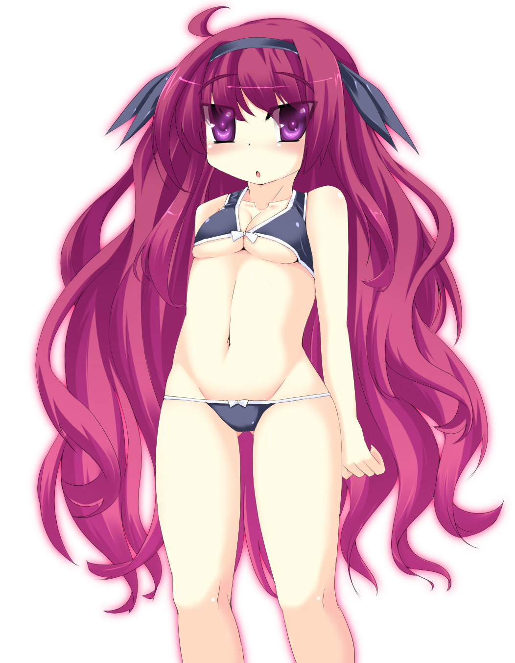 alfred (artist), original, highres, 1girl, bikini, black bikini, breasts, female focus, hairband, long hair, lowleg, lowleg bikini, medium breasts, purple eyes, purple hair, solo, swimsuit, underboob