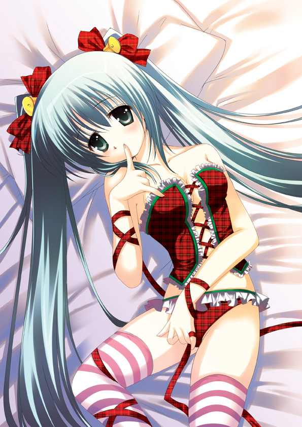 cariboy, hatsune miku, vocaloid, bed, bell, bustier, frills, hair ribbon, lingerie, long hair, lying, ribbon, solo, striped clothes, striped thighhighs, thighhighs, twintails, underwear, very long hair