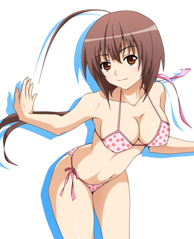 yunii, musubi, sekirei, 00s, 1girl, ahoge, bikini, breasts, brown eyes, brown hair, cleavage, female focus, gradient background, hair ribbon, large breasts, leaning forward, long hair, orange eyes, panties, pink bikini, polka dot, polka dot bikini, polka dot swimsuit, ponytail, ribbon, short hair, side-tie bikini bottom, side-tie panties, smile, solo, swimsuit, underwear