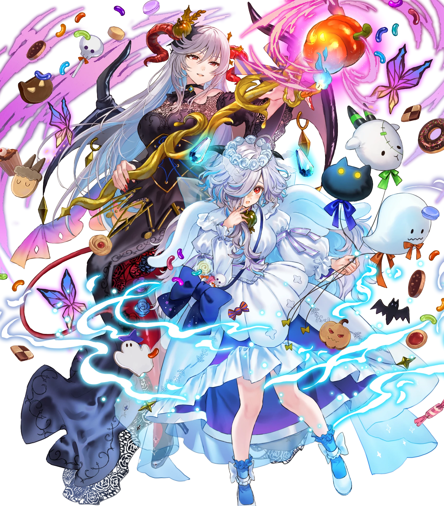 eitr (fire emblem), freyja (fire emblem), fire emblem, fire emblem heroes, nintendo, highres, non-web source, official art, 2girls, eitr (halloween) (fire emblem), freyja (halloween) (fire emblem), multiple girls, official alternate costume