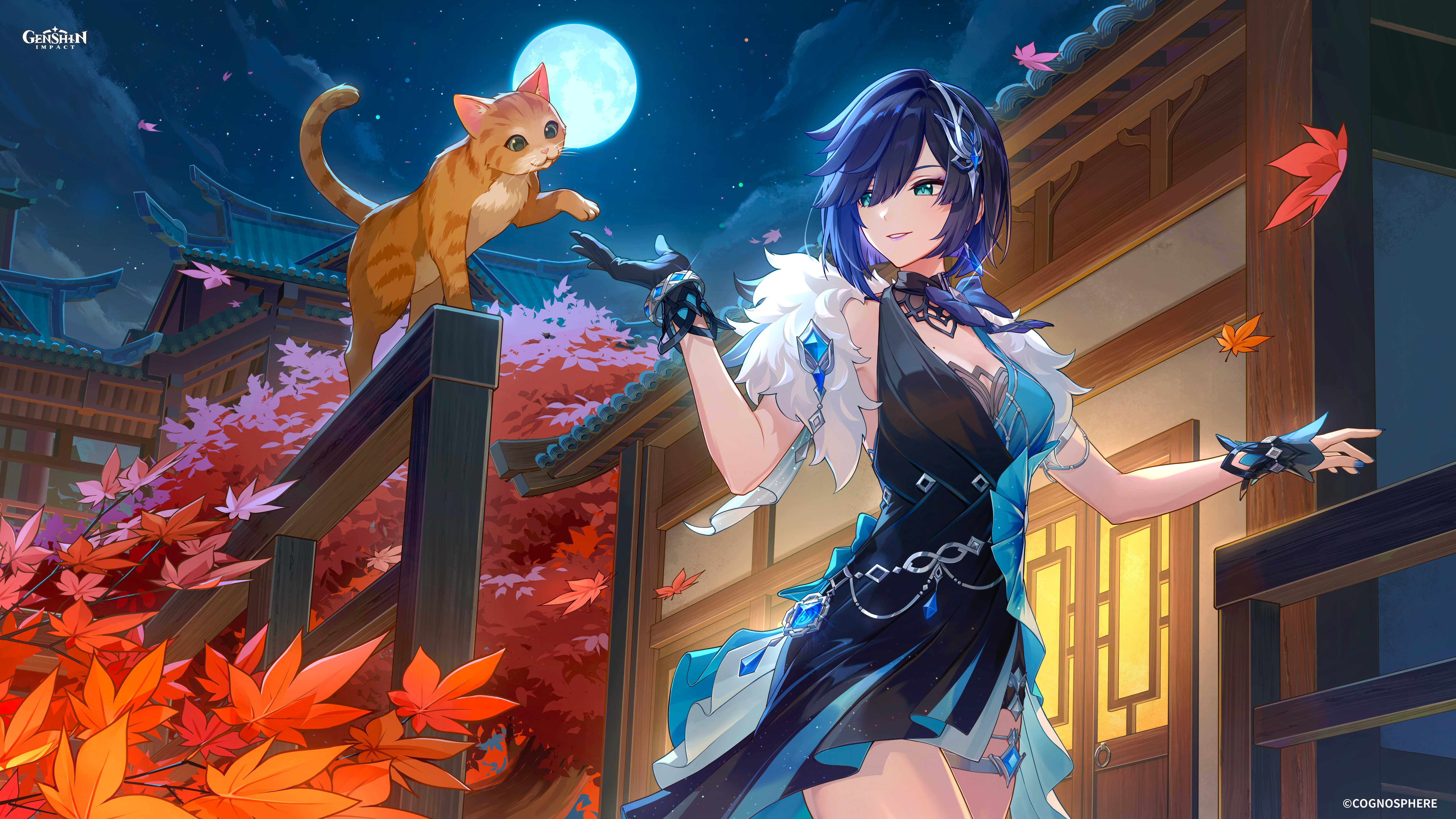 yelan (genshin impact), yelan (tranquil banquet) (genshin impact), genshin impact, absurdres, commentary, english commentary, highres, official art, 1girl, autumn leaves, black gloves, blue hair, cat, dress, full moon, gloves, hair ornament, leaf, looking at animal, moon, night, night sky, official alternate costume, outdoors, short hair, single glove, sky, smile, solo