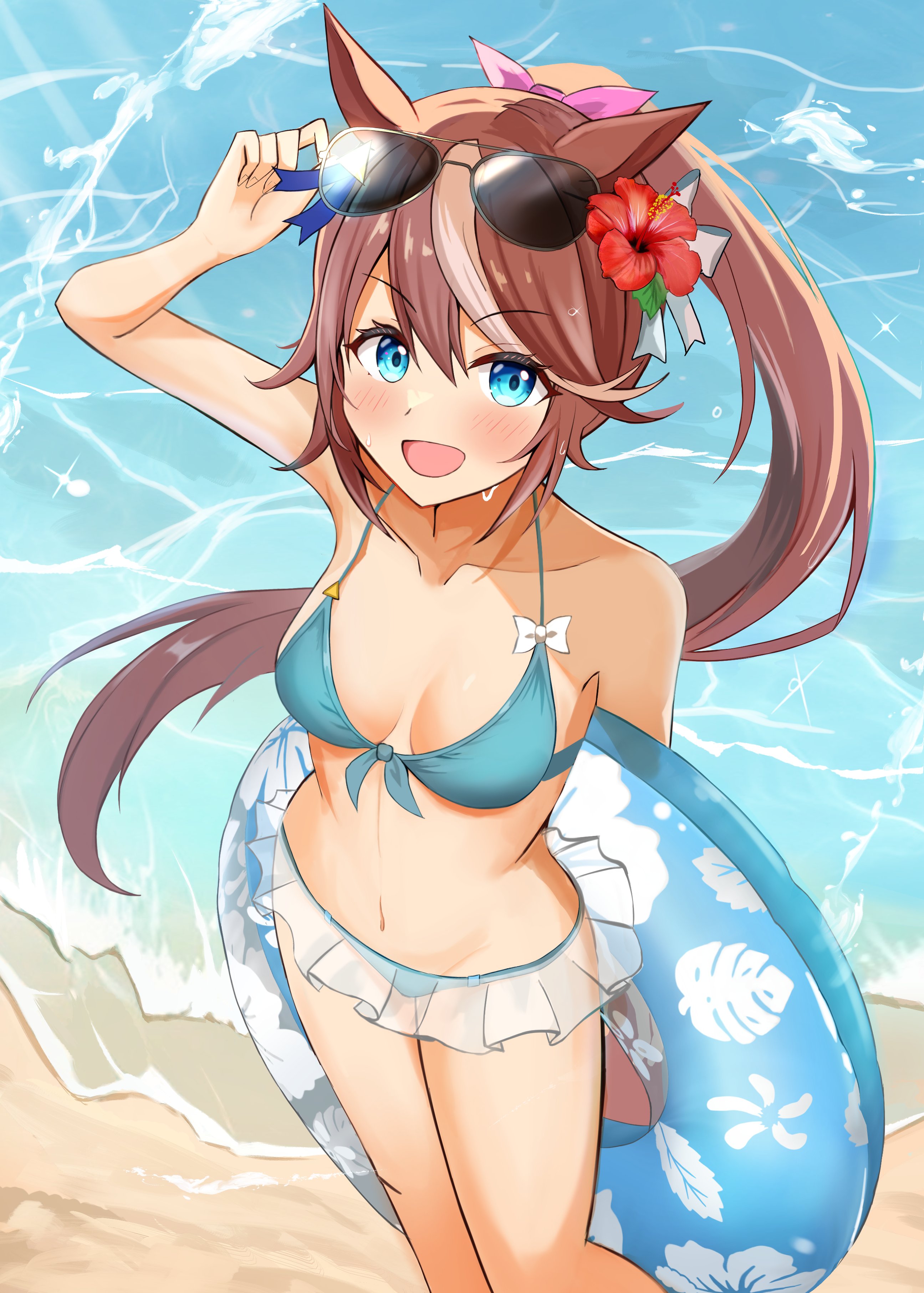sky wing12, tokai teio (umamusume), comiket 106, umamusume, absurdres, commentary, highres, textless version, 1girl, adjusting eyewear, animal ears, bare shoulders, beach, bikini, bikini skirt, blue bikini, blue eyes, blush, bow, breasts, brown hair, collarbone, eyewear on head, feet out of frame, flower, front-tie bikini top, front-tie top, hair bow, hair flower, hair ornament, high ponytail, holding, holding swim ring, horse ears, horse girl, horse tail, innertube, linea alba, long hair, looking at viewer, multicolored hair, navel, ocean, open mouth, outdoors, pink bow, ponytail, see-through clothes, see-through skirt, skirt, small breasts, smile, solo, stomach, streaked hair, sunglasses, sweat, swim ring, swimsuit, tail, two-tone hair, water, waves, white hair