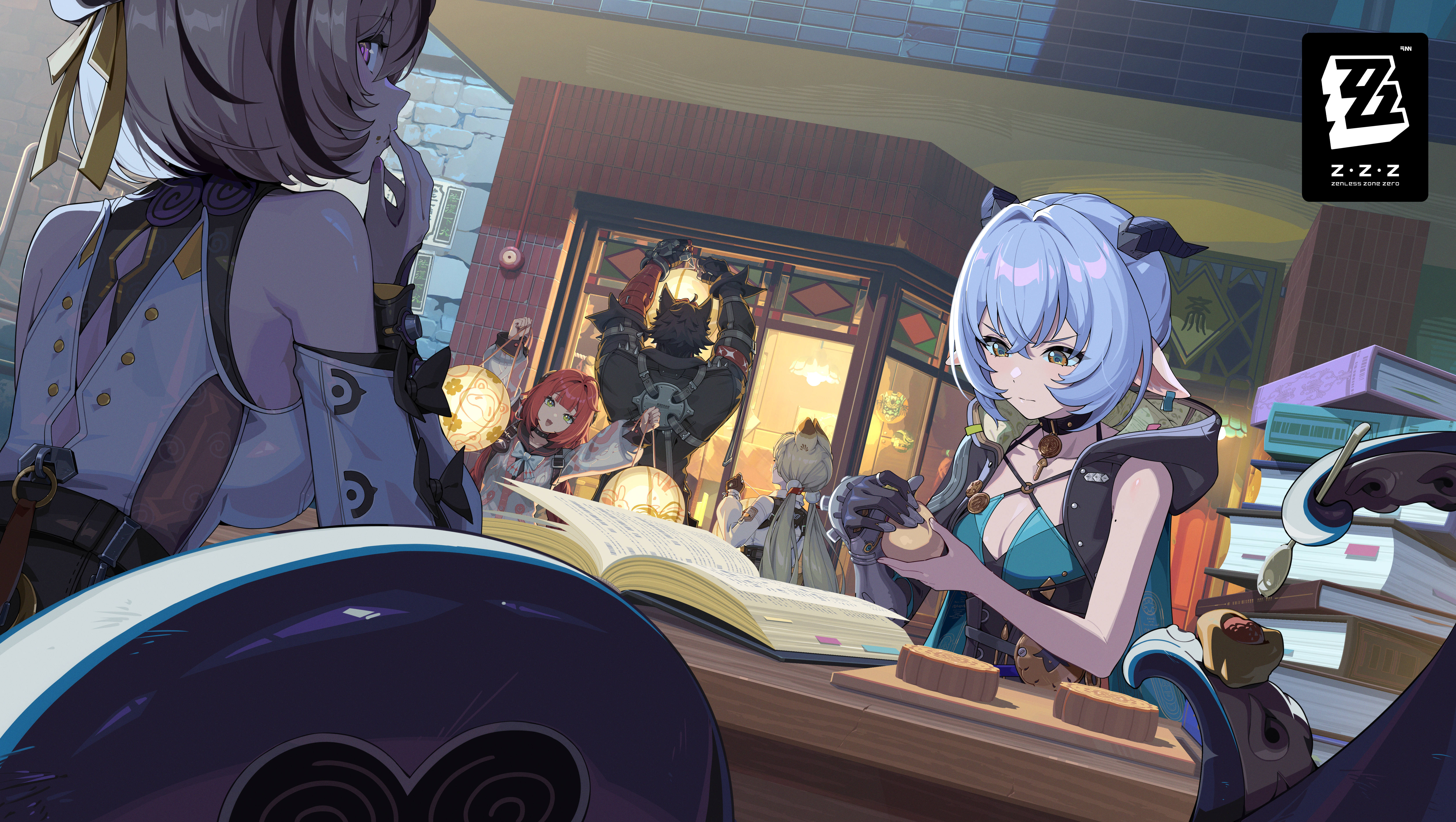 alice thymefield, komano manato, lucia (zenless zone zero), ukinami yuzuha, yidhari (zenless zone zero), zenless zone zero, absurdres, commentary, english commentary, highres, official art, 1boy, 4girls, animal ears, bare shoulders, blonde hair, blue hair, braid, breasts, green eyes, hair ornament, horns, long hair, multiple girls, pointy ears, rabbit ears, red hair, smile, sphere hair ornament, twin braids, very long hair, yellow eyes