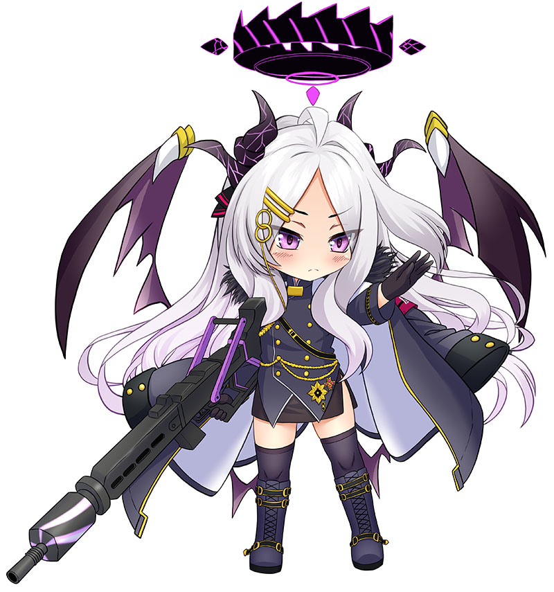 matahachi, hina (blue archive), blue archive, ahoge, armband, black coat, black gloves, black halo, black skirt, chibi, coat, coat on shoulders, demon girl, demon horns, demon wings, flat chest, full body, gloves, gun, halo, holding, holding gun, holding weapon, horns, long hair, machine gun, mg42, purple eyes, red armband, simple background, skirt, standing, very long hair, weapon, white background, white hair, wings