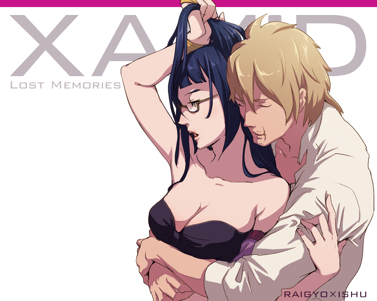 null (chronix), benikawa ishuu, raigyo, bounen no xam'd, 00s, 1boy, 1girl, black-framed eyewear, blonde hair, blue hair, blunt bangs, breasts, cleavage, collarbone, couple, dress shirt, glasses, grabbing another's hair, hetero, holding another's hair, hug, hug from behind, large breasts, long hair, open mouth, shirt, simple background, text focus, upper body, white background