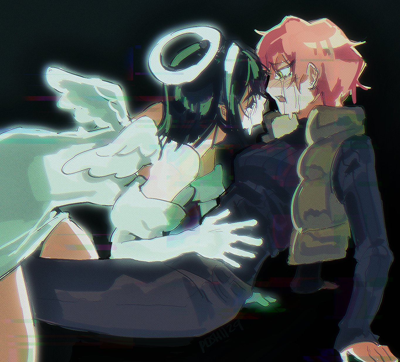 mizi (alien stage), sua (alien stage), alien stage, commentary, hashtag-only commentary, highres, angel, angel wings, black hair, black shirt, crying, dress, gloves, green vest, hairband, halo, hand on another's stomach, long sleeves, pink hair, poshii29, shirt, short hair, tears, very short hair, vest, white dress, white gloves, white hairband, white wings, wings, yellow eyes, yuri