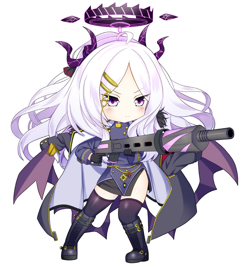 matahachi, hina (blue archive), blue archive, ahoge, armband, black coat, black gloves, black halo, black skirt, chibi, coat, coat on shoulders, demon girl, demon horns, demon wings, flat chest, full body, gloves, gun, halo, holding, holding gun, holding weapon, horns, long hair, machine gun, mg42, purple eyes, red armband, simple background, skirt, standing, very long hair, weapon, white background, white hair, wings