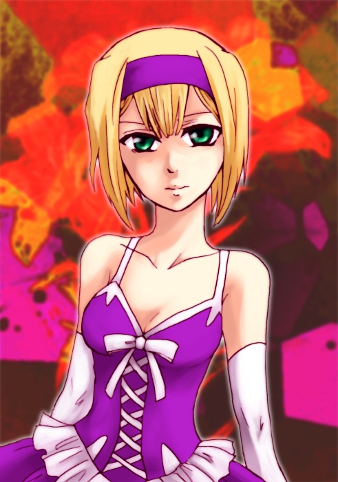 hibiya orenji, louise halevy, gundam, gundam 00, 00s, 1girl, bare shoulders, blonde hair, breasts, cleavage, collarbone, dress, elbow gloves, female focus, frills, gloves, green eyes, hairband, ribbon, short hair, solo