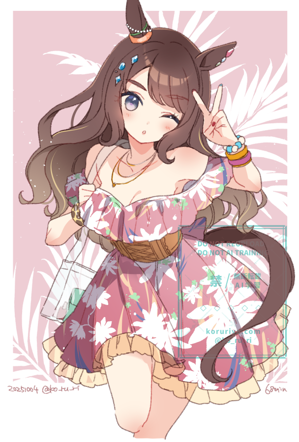 koruri, tosen jordan (aurore vacances) (umamusume), tosen jordan (umamusume), umamusume, 1girl, animal ears, bag, bare shoulders, bead bracelet, beads, blue eyes, blush, bracelet, breasts, brown hair, cleavage, collarbone, corset, dress, ear ornament, hair down, hair ornament, horse ears, horse girl, horse tail, jewelry, long hair, looking at viewer, medium breasts, necklace, off-shoulder dress, off shoulder, official alternate costume, official alternate hairstyle, one eye closed, parted lips, pink dress, shoulder bag, solo, tail, transparent bag, v