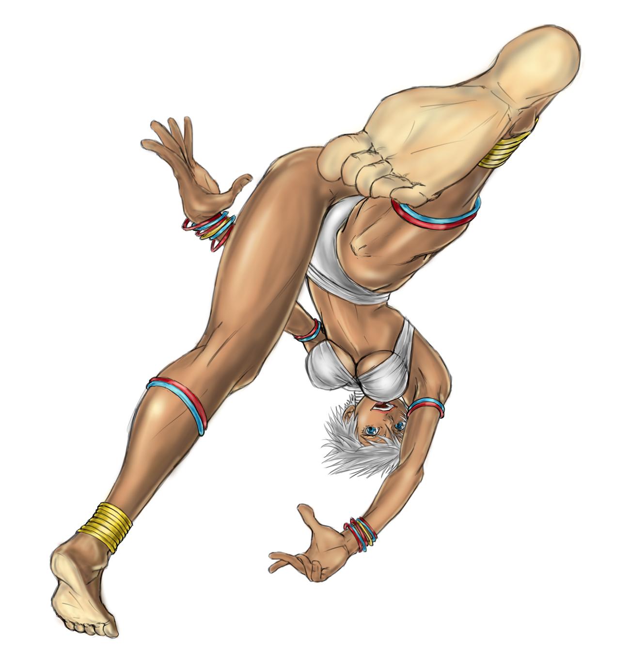 freeride-art, elena (street fighter), capcom, street fighter, street fighter iii (series), highres, 1girl, anklet, armlet, barefoot, bikini, bikini top only, blue eyes, bracelet, breasts, capoeira, dark-skinned female, dark skin, feet, female focus, high kick, jewelry, kicking, large breasts, muscular, neck ring, short hair, slingshot swimsuit, solo, swimsuit, toes, underboob, upside-down, white hair