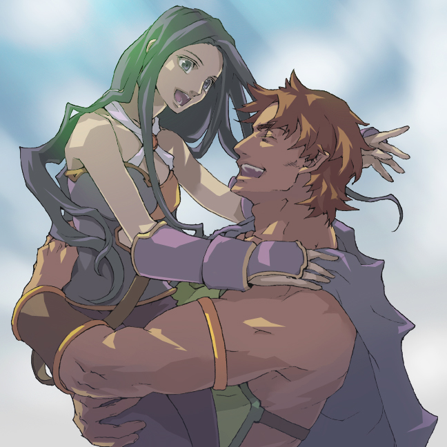 matsumune, yuyo, guy (ff2), maria (ff2), final fantasy, final fantasy ii, 1980s (style), bad id, bad pixiv id, 1boy, 1girl, brown hair, closed eyes, couple, long hair, purple eyes, purple hair, retro artstyle, short hair