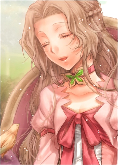 glv, murakami yuichi, nunnally vi britannia, code geass, french braid, 00s, 1girl, :d, braid, breasts, cleavage, closed eyes, collarbone, dress, female focus, long sleeves, open mouth, pink dress, small breasts, smile, solo, upper body