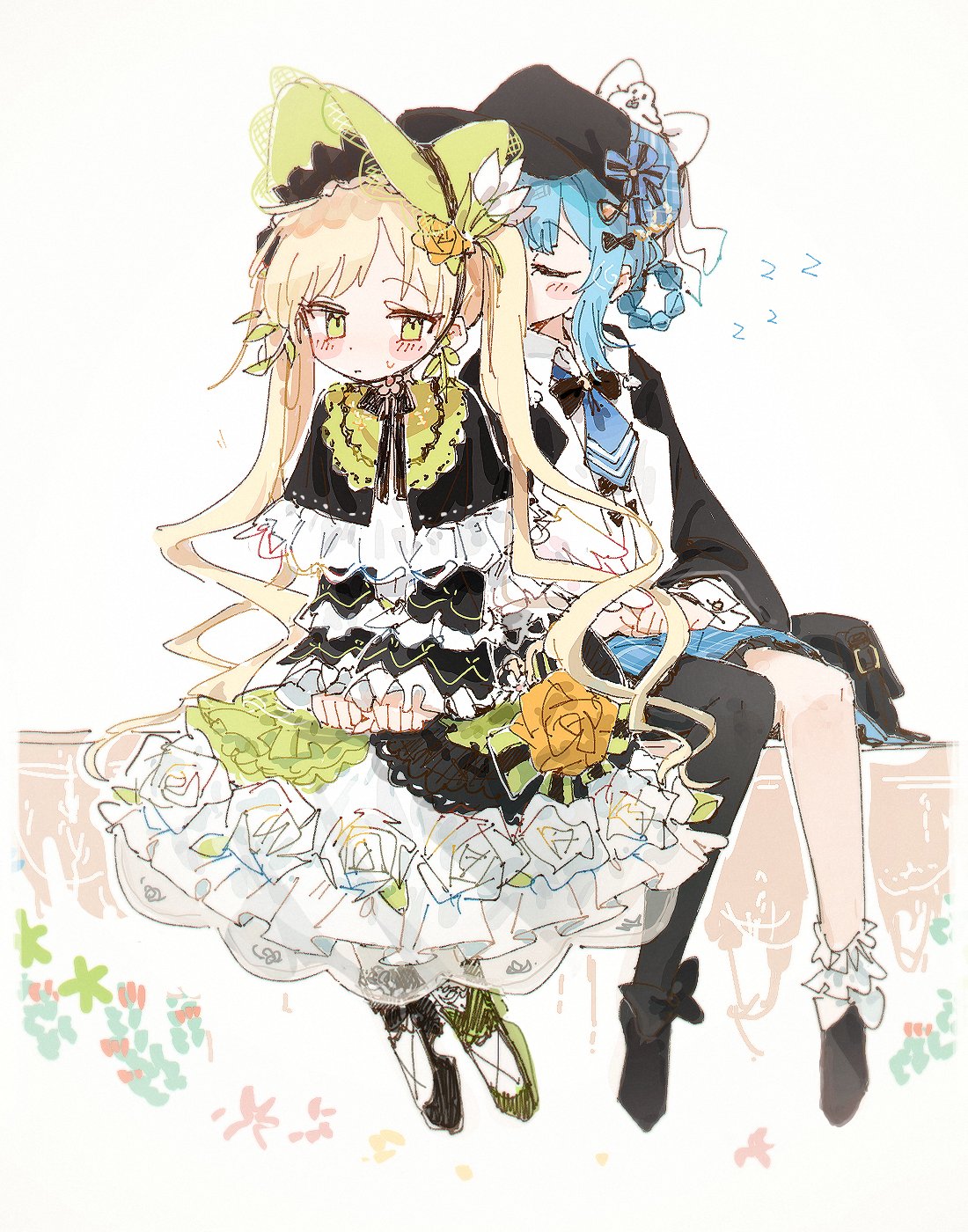 nendo23, tachibana sherry, tono hanna, mahou shoujo no majo saiban, highres, 2girls, asymmetrical footwear, asymmetrical legwear, bag, bird hat ornament, black bag, black capelet, black pantyhose, black shoes, blonde hair, blue hair, blue necktie, blue skirt, bonnet, braid, braided hair rings, capelet, closed eyes, deerstalker, dress, flower, flower-trimmed dress, frilled dress, frills, green eyes, green shoes, hair rings, hat, lolita fashion, long hair, magical girl, messenger bag, multiple girls, necktie, pantyhose, rose, shoes, shoulder bag, simple background, single leg pantyhose, sitting, skirt, sleeping, sleeping on person, too many, too many frills, twintails, very long hair, white background, yellow flower, yellow rose, yuri