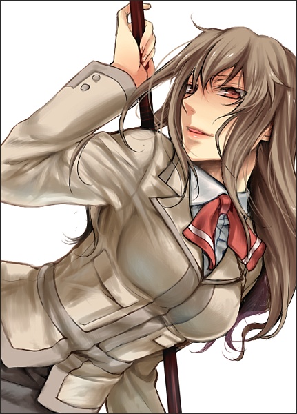 glv, murakami yuichi, fujino shizuru, my-hime, 00s, 1girl, breasts, brown eyes, brown hair, coat, female focus, large breasts, long sleeves, looking at viewer, polearm, red ribbon, ribbon, simple background, solo, upper body, weapon, white background