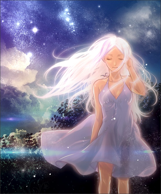 glv, murakami yuichi, soma peries, gundam, gundam 00, bad id, bad pixiv id, 00s, 1girl, arm at side, bare shoulders, closed eyes, female focus, long hair, looking at viewer, night, night sky, nightgown, red eyes, sky, solo, standing, star (sky), starry sky, very long hair