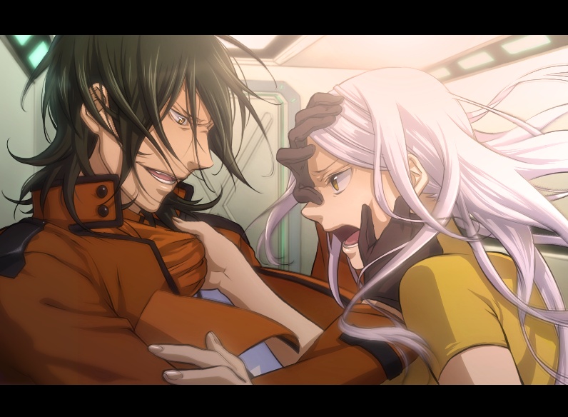 glv, murakami yuichi, allelujah haptism, hallelujah haptism, soma peries, gundam, gundam 00, bad id, bad pixiv id, 00s, 1boy, 1girl, angry, blush, clenched teeth, clothes grab, collar, collar grab, fighting, from side, indoors, letterboxed, long sleeves, military, military uniform, neckwear grab, profile, short sleeves, teeth