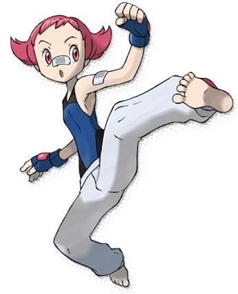 sugimori ken, maylene (pokemon), nintendo, pokemon, pokemon dppt, lowres, official art, 00s, 1girl, bandages, bandaid, barefoot, feet, female focus, flat chest, full body, gloves, gym leader, high kick, kicking, pink eyes, pink hair, short hair, simple background, solo, white background