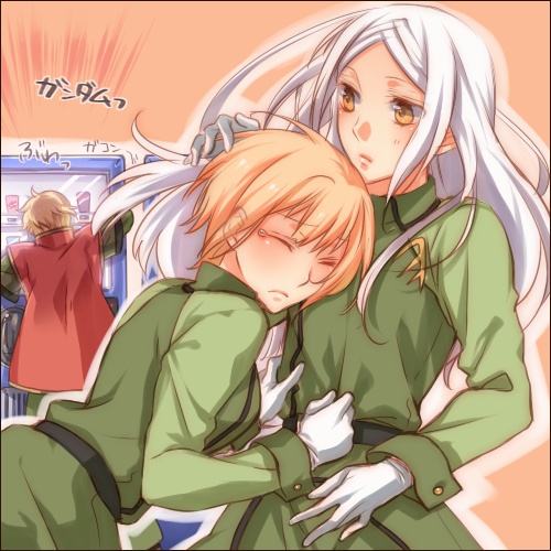 glv, murakami yuichi, graham aker, louise halevy, mister bushido, soma peries, gundam, gundam 00, bad id, bad pixiv id, lowres, 00s, angry, vending machine