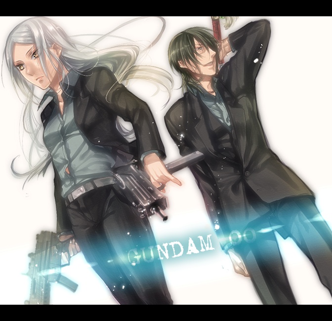 glv, murakami yuichi, allelujah haptism, soma peries, gundam, gundam 00, machine pistol, silver hair, bad id, bad pixiv id, 00s, 1boy, 1girl, dual wielding, formal clothes, green hair, gun, holding, holding behind back, holding weapon behind back, katana, mac-10/11, pant suit, pants, submachine gun, suit, sword, weapon, yellow eyes