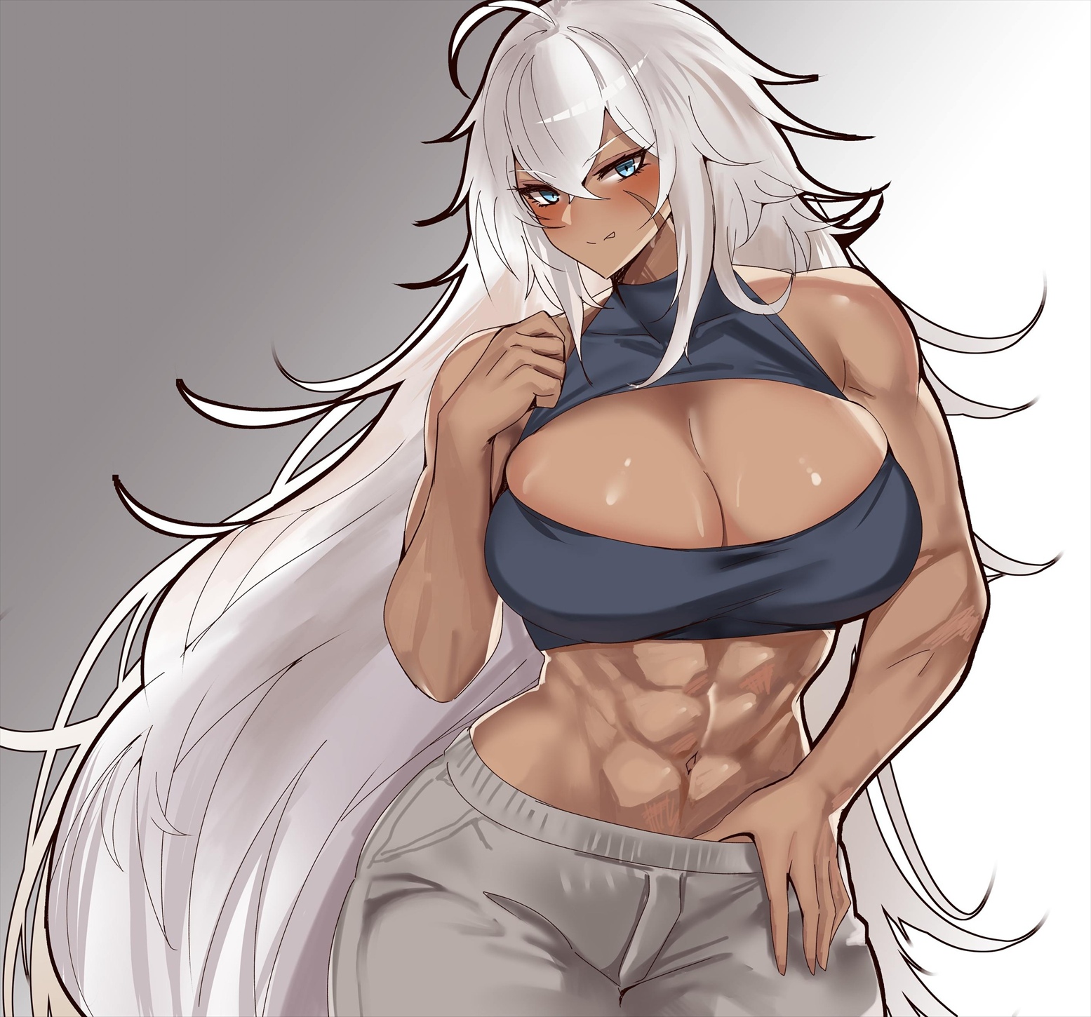 paundo2, indiana (azur lane), azur lane, commentary, highres, 1girl, abs, bare shoulders, black shirt, blue eyes, blush, breasts, cleavage, cleavage cutout, clothing cutout, covered collarbone, cowboy shot, crop top, crossed bangs, dark-skinned female, dark skin, facial scar, grey pants, hair between eyes, large breasts, long hair, looking at viewer, midriff, muscular, muscular female, navel, pants, parted lips, scar, scar on cheek, scar on face, shirt, sidelocks, sleeveless, sleeveless shirt, solo, standing, very long hair, white hair