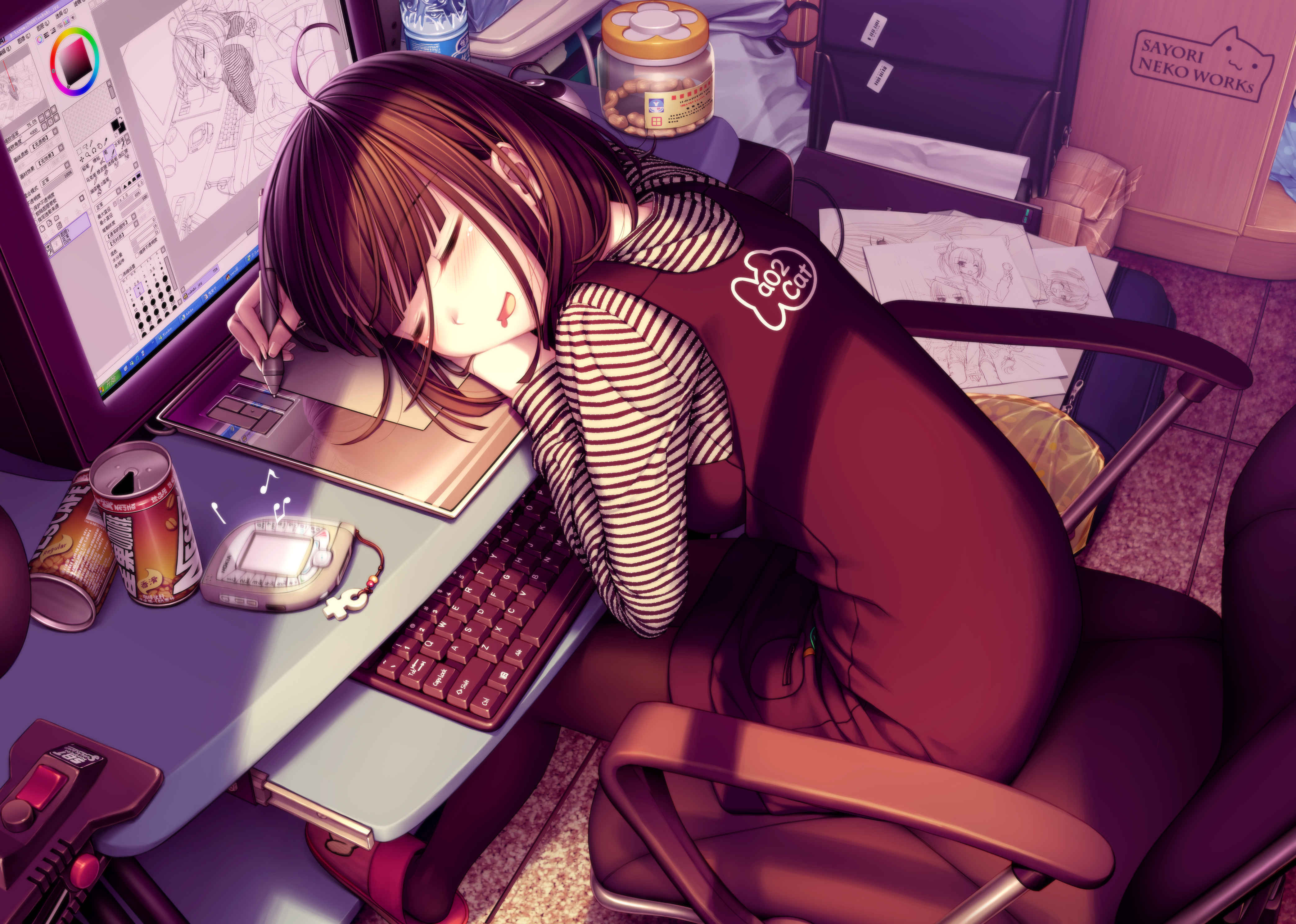 sayori (neko works), sayori (sayori (neko works)), microsoft windows, nescafe, nokia (company), original, painttool sai, wacom, windows xp, absurdres, bad id, bad pixiv id, highres, third-party edit, 1girl, ahoge, artist name, blunt bangs, blush, bottle, brown hair, can, cellphone, chair, chinese text, closed eyes, coffee, computer, computer keyboard, desk, drawing (action), drawing tablet, drink, drooling, female focus, full body, keyboard, leaning forward, mouth drool, musical note, office chair, on chair, pantyhose, pen, phone, product placement, recursion, reflection, saliva, shirt, sitting, sleeping, slippers, smile, solo, striped clothes, striped shirt, stylus, swivel chair, trash, venus symbol, water bottle