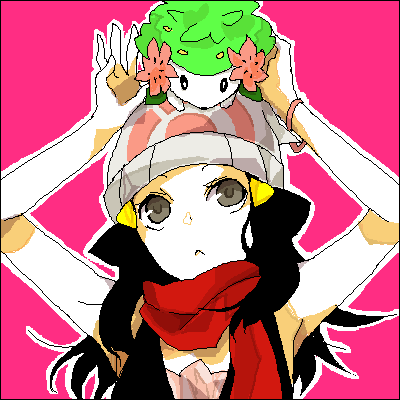 buzz (moi), dawn (pokemon), shaymin, shaymin (land), nintendo, pokemon, lowres, 00s, 1girl, bandana, beanie, black hair, gen 4 pokemon, grey eyes, hat, legendary pokemon, long hair, mythical pokemon, oekaki, on head, pokemon (creature), pokemon on head, red scarf, scarf
