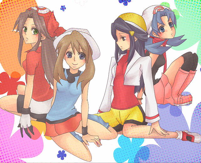 dawn (pokemon), green (pokemon), kris (pokemon), leaf (pokemon), may (pokemon), nintendo, pokemon, pokemon adventures, pokemon dppt, pokemon frlg, pokemon gsc, pokemon rse, bad id, bad pixiv id, 4girls, bandana, bike shorts, blue (pokemon) (cosplay), blue eyes, blue hair, boots, brown hair, cosplay, costume switch, dawn (pokemon) (cosplay), green eyes, hat, kris (pokemon) (cosplay), leaf (pokemon) (cosplay), may (pokemon) (cosplay), multiple girls, odamaki sapphire (cosplay), pink boots, platinum berlitz (cosplay), porkpie hat, skirt, thighhighs, twintails
