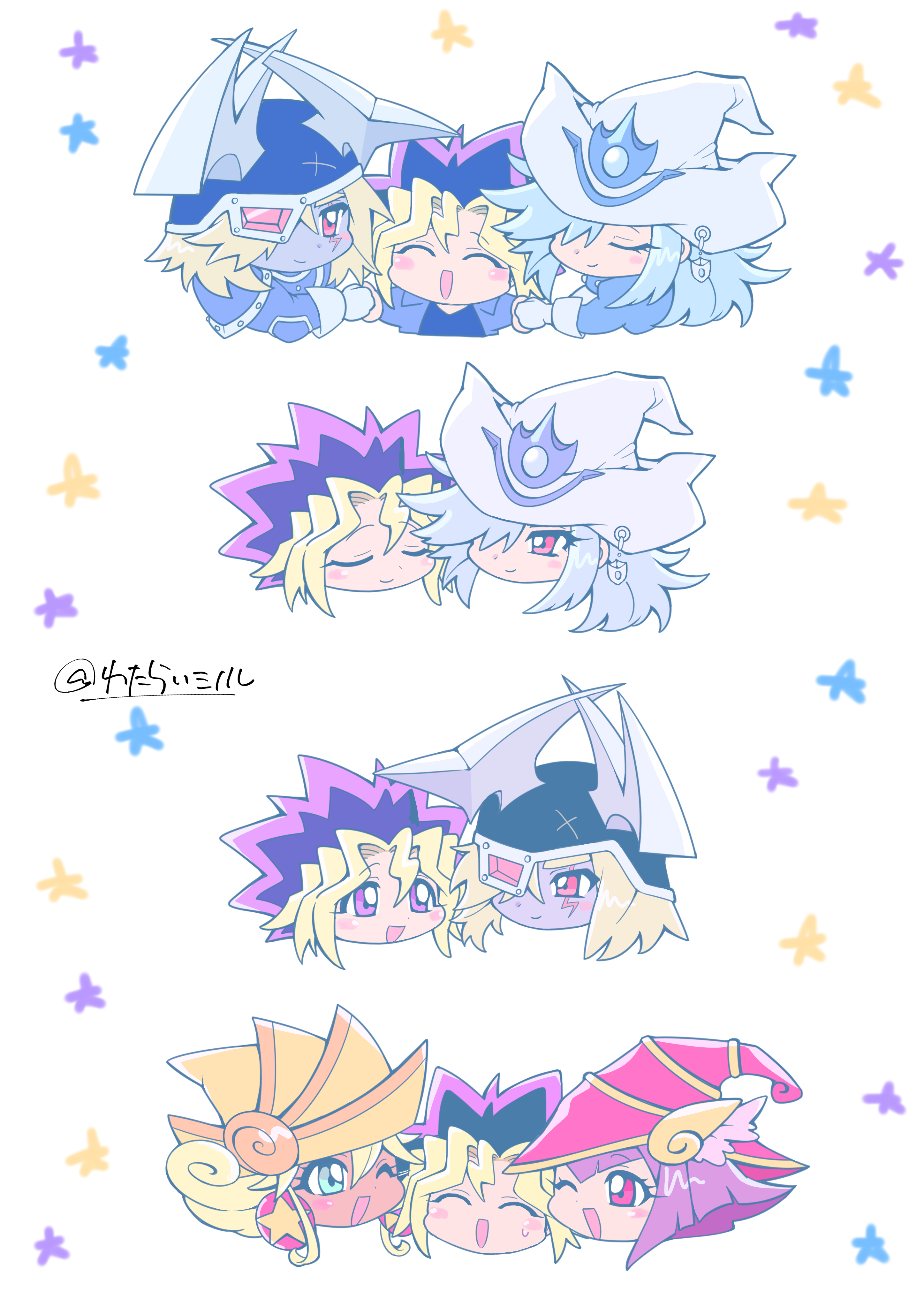 mi manu1950, apple magician girl, lemon magician girl, muto yugi, silent magician, silent swordsman, yu-gi-oh!, yu-gi-oh! the dark side of dimensions, absurdres, commentary request, highres, 2boys, 3girls, blonde hair, chibi, closed eyes, duel monster, fake horns, green eyes, grey hair, hair over one eye, hat, helmet, horned helmet, horns, multicolored hair, multiple boys, multiple girls, multiple views, open mouth, purple eyes, purple hair, red hat, simple background, smile, white background, white hat, wizard hat, yellow hat