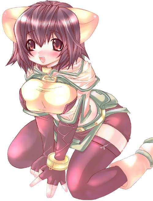 hunter (ragnarok online), ragnarok online, artist request, 1girl, :d, animal ears, belt, belt pouch, blush, bob cut, boots, bracelet, breasts, breasts squeezed together, capelet, elbow gloves, female focus, fingerless gloves, gloves, hunter, jewelry, kneeling, large breasts, leaning forward, open mouth, pouch, purple hair, purple thighhighs, red eyes, shirt, short hair, simple background, skin tight, smile, solo, taut clothes, taut shirt, thighhighs