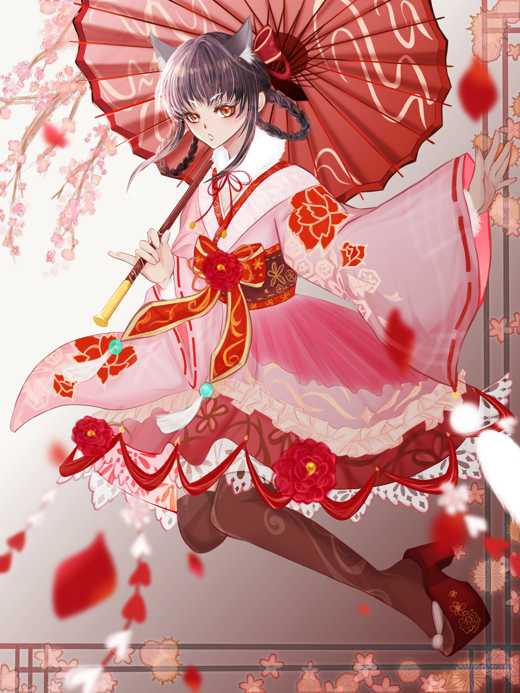 nikki (series), shining nikki, commentary request, highres, 1girl, alternate hair color, animal ear fluff, animal ears, black pantyhose, black sandals, bow, braid, braided hair rings, branch, brown eyes, brown hair, brown sash, camellia, cherry blossoms, dress, eyelashes, falling petals, flame fox (shining nikki), floral print, flower, fox ears, full body, fur scarf, gradient background, grey background, hair bow, hair rings, holding, holding umbrella, japanese clothes, kimono, kimono dress, lace, lace-trimmed skirt, lace trim, lipstick, long sleeves, makeup, medium hair, medium skirt, neck ribbon, obi, oil-paper umbrella, okobo, open mouth, pantyhose, petals, pink flower, pink kimono, pink lips, platform sandals, pleated skirt, print sash, print skirt, print sleeves, red bow, red flower, red ribbon, red skirt, red umbrella, reina (pixiv 69502114), ribbon, ribbon-trimmed sash, ribbon-trimmed sleeves, ribbon trim, sandals, sash, scarf, short dress, sidelocks, skirt, skirt under dress, sleeves past wrists, solo, tabi, tassel, two-tone background, umbrella, umbrella over shoulder, waist bow, white background, white scarf, wide sleeves