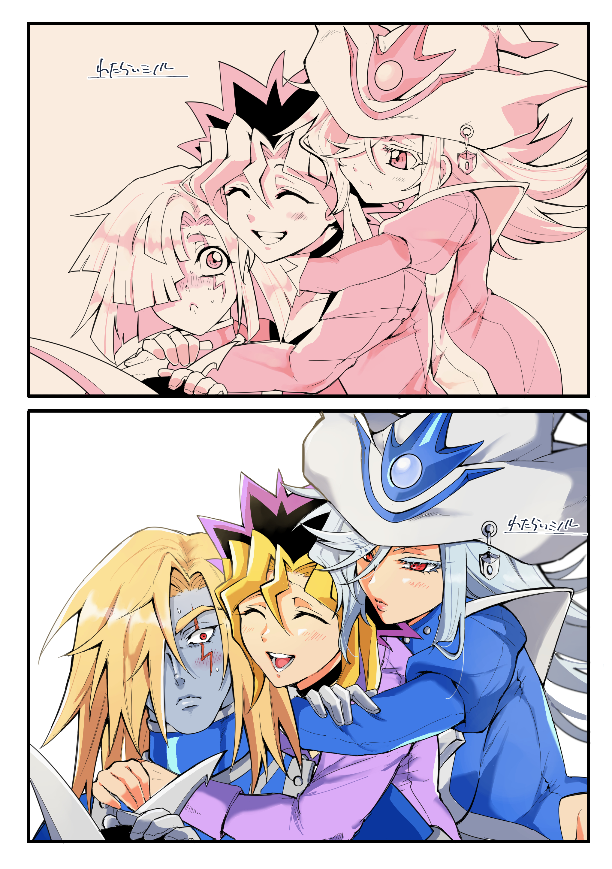 mi manu1950, muto yugi, silent magician, silent magician lv4, silent swordsman, silent swordsman lv3, yu-gi-oh!, yu-gi-oh! duel monsters, absurdres, highres, 1girl, 2boys, age progression, blush, dress, duel monster, gloves, grey hair, hair over one eye, hat, long hair, monochrome, multicolored hair, multiple boys, open mouth, peacock hair, purple eyes, red eyes, simple background, smile, tabard, white hat, white tabard, wizard hat