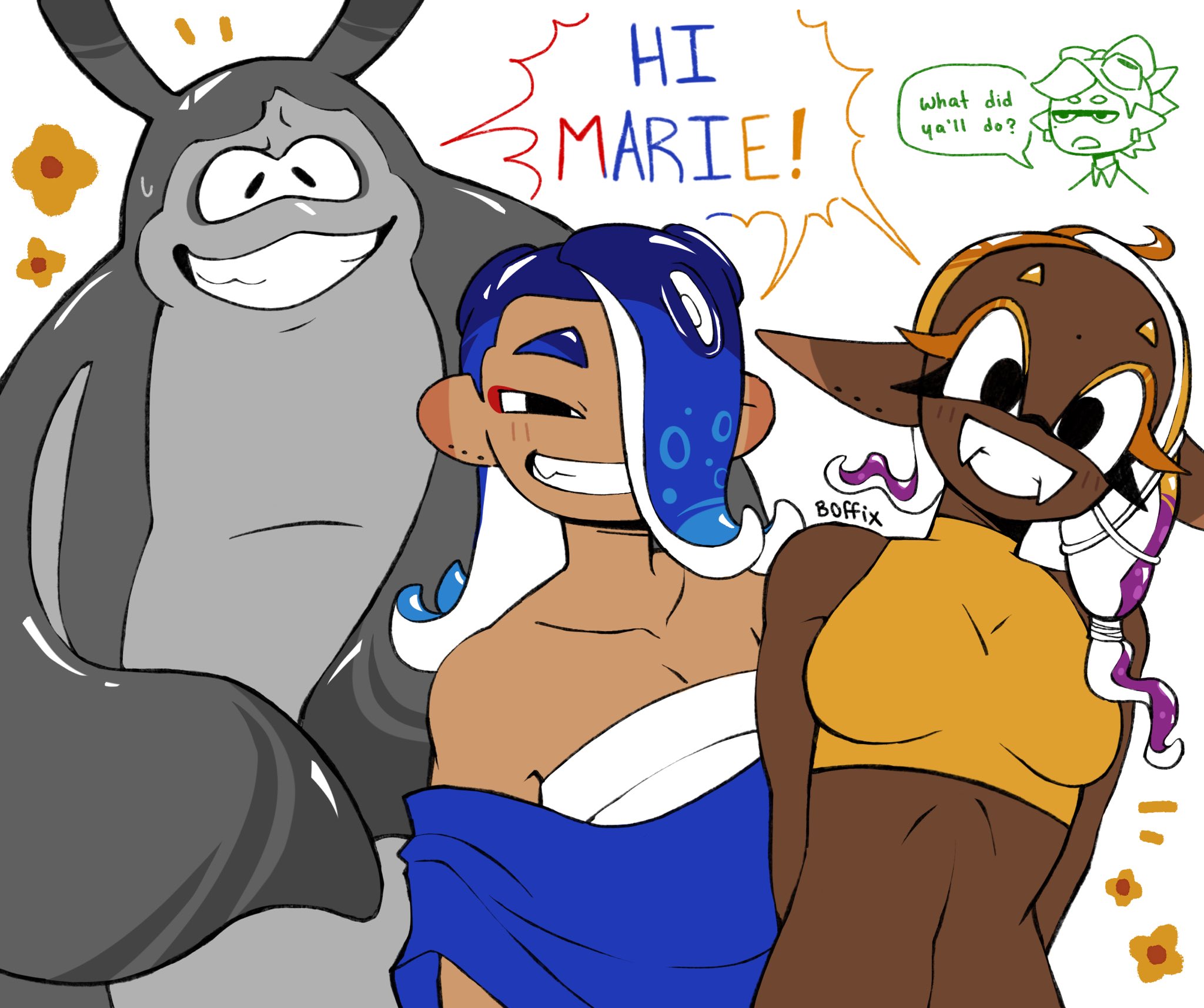 boffix, big man (splatoon), frye (splatoon), marie (splatoon), shiver (splatoon), nintendo, splatoon (series), splatoon 3, highres, 1boy, 3girls, :3, arms behind back, bare arms, bare shoulders, black eyes, blonde hair, blue hair, blue shawl, breasts, chest sarashi, collared shirt, colored text highlight, crop top, dark-skinned female, dark skin, ear piercing, earrings, english text, eyeliner, fangs, green outline, hair ornament, hair over one eye, horizontal pupils, inkling, jewelry, large ears, leaning to the side, light blush, long eyelashes, long hair, looking at viewer, makeup, manta ray, medium breasts, midriff, multicolored hair, multiple girls, octoling, outline, petals, piercing, purple hair, raised eyebrow, red eyeliner, sarashi, shared speech bubble, shawl, shirt, short eyebrows, slit pupils, smile, speech bubble, suction cups, sweatdrop, teeth, tentacle hair, thick eyebrows, x hair ornament
