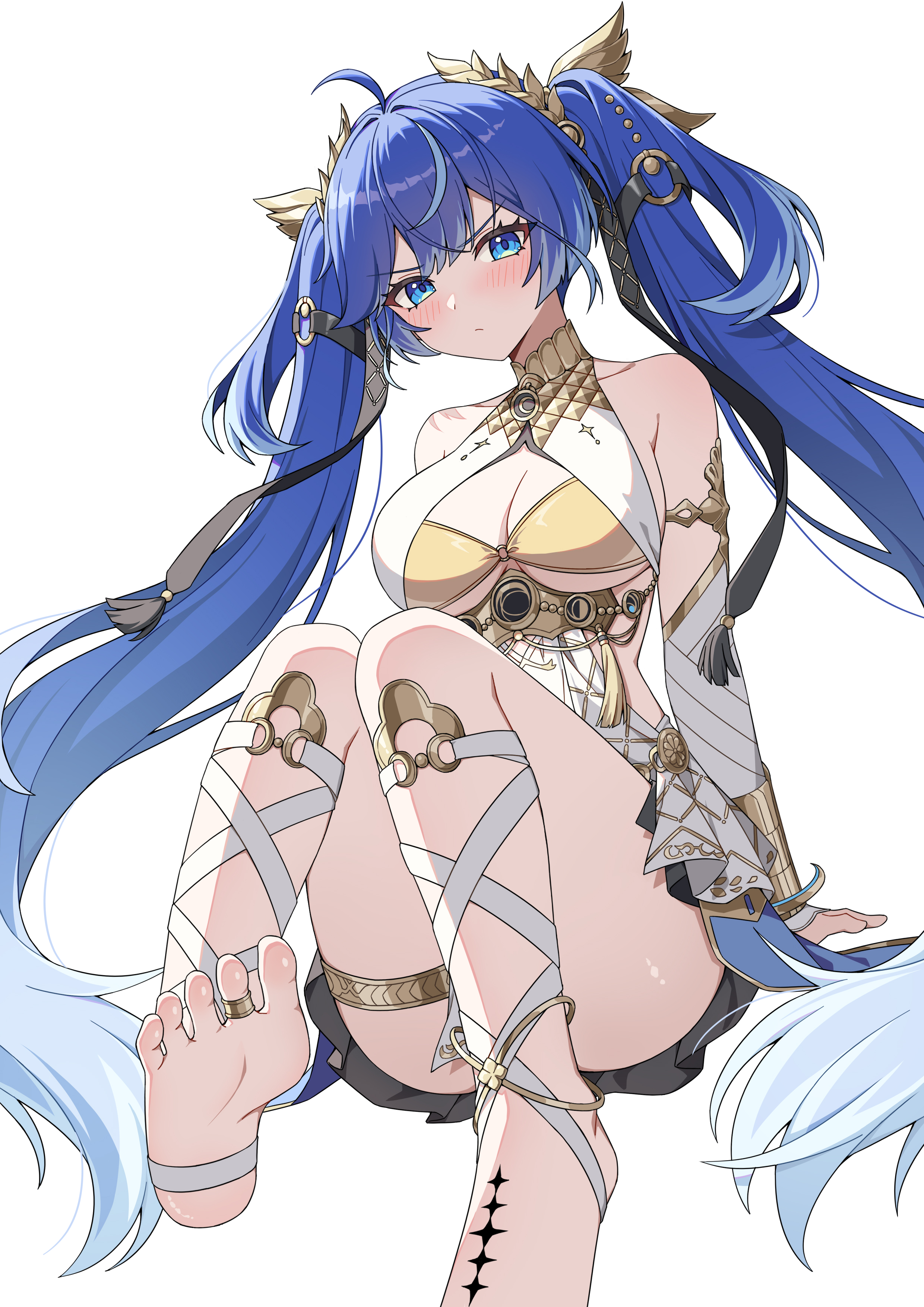 a-fei z, iuno (wuthering waves), wuthering waves, absurdres, commentary, highres, 1girl, ahoge, armlet, bare shoulders, barefoot, black skirt, blue eyes, blue hair, blush, breasts, cleavage, closed mouth, feet, gold bra, hair belt, jewelry, knees together feet apart, laurel crown, long hair, looking at viewer, medium breasts, multicolored hair, simple background, sitting, skirt, solo, streaked hair, tacet mark (wuthering waves), thighlet, thighs, toe ring, toes, twintails, vambraces, white background