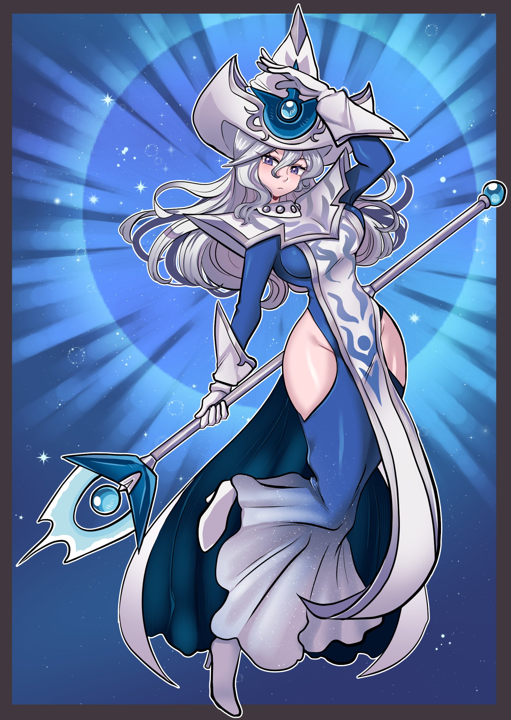 missandydandy, silent magician, yu-gi-oh!, highres, 1girl, blue dress, clothing cutout, dress, duel monster, gloves, grey hair, hair between eyes, hat, hip vent, holding, holding staff, long hair, looking at viewer, purple eyes, staff, tabard, white gloves, white hat, white tabard, wizard hat