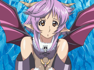 persephone (angelium), angelium, screencap, animated, animated gif, lowres, 00s, 1girl, bat wings, bouncing breasts, breasts, cheering, demon girl, demon wings, horns, pointy ears, purple hair, short hair, smile, wings