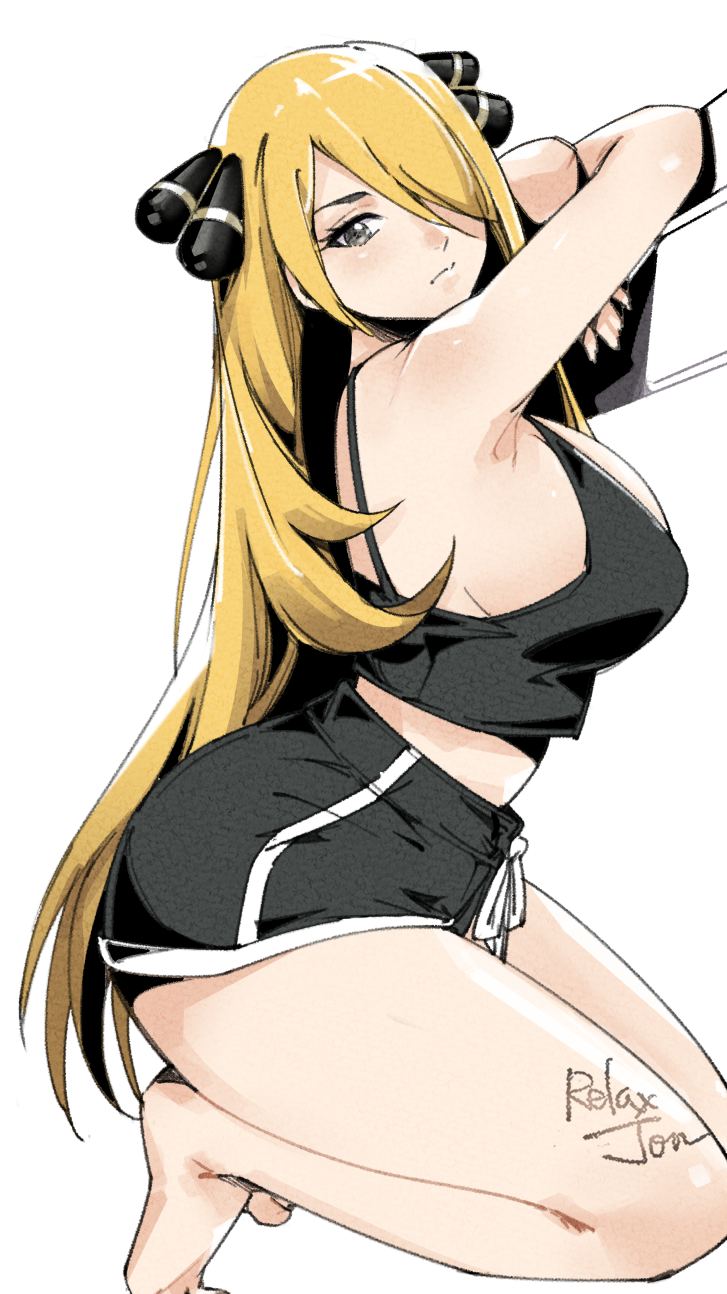 relaxjon, cynthia (pokemon), nintendo, pokemon, pokemon dppt, highres, 1girl, arm rest, artist name, barefoot, black shorts, black tank top, blonde hair, breasts, crop top, curvy, dolphin shorts, full body, grey eyes, hair ornament, hair over one eye, kneeling, large breasts, long hair, looking at viewer, midriff, short shorts, shorts, simple background, solo, tank top, thighs, tiptoes, very long hair, white background
