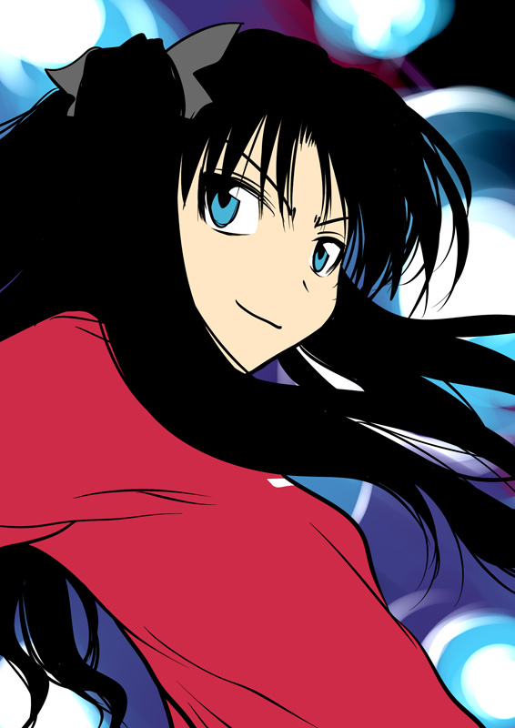sakaki imasato, tohsaka rin, fate/stay night, fate (series), 00s, 1girl, black hair, blue eyes, female focus, long hair, ribbon, solo, two side up