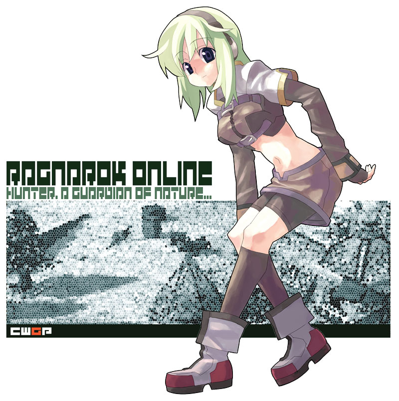 tanaka (cow), hunter (ragnarok online), ragnarok online, silver hair, 1girl, ankle boots, armor, armored boots, belt, boots, copyright name, elbow gloves, english text, female focus, fingerless gloves, full body, gloves, green hair, hunter, kneehighs, looking at viewer, midriff, miniskirt, navel, short hair, simple background, skirt, socks, solo, stomach, white background