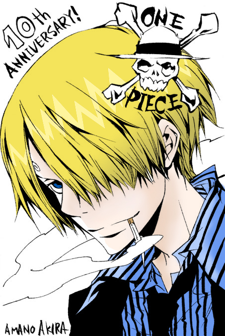 amano akira, sanji (one piece), one piece, striped, colorized, third-party edit, 1boy, black necktie, blonde hair, blue shirt, cigarette, collared shirt, formal clothes, hair over one eye, jolly roger, loose clothes, loose shirt, male focus, monochrome, necktie, pinstripe pattern, pinstripe shirt, shirt, smoking, solo, straw hats jolly roger, suit