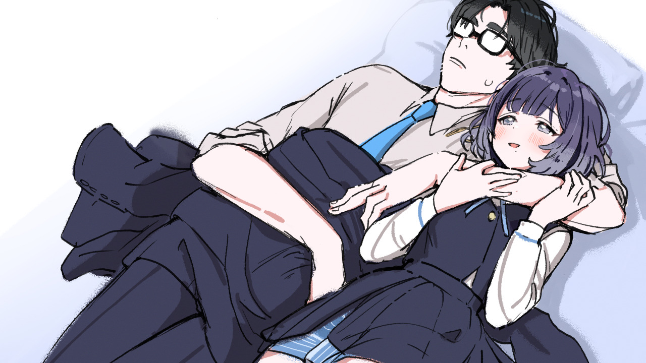 kasasagi (futagodori888), hataya misuzu, producer (idolmaster), gakuen idolmaster, idolmaster, 1boy, 1girl, black-framed eyewear, black overskirt, black vest, blue necktie, blue skirt, glasses, hatsuboshi gakuen school uniform, hetero, jacket, lying, mole, mole under mouth, necktie, on back, pleated skirt, purple hair, shirt, short hair, skirt, sweatdrop, unworn jacket, vest, white shirt